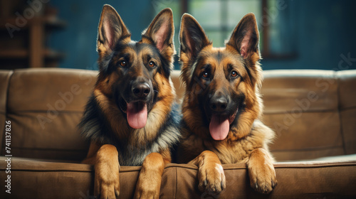 Two identical german shepherds on couch, sticking out tongues, making eye contact. Pet concept.