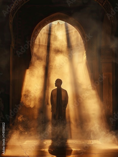 Silhouette of muslim man worshiping and praying for fasting and Islamic Eid in old mosque with lighting and smoke background - Eid Ul Fitr - generative ai