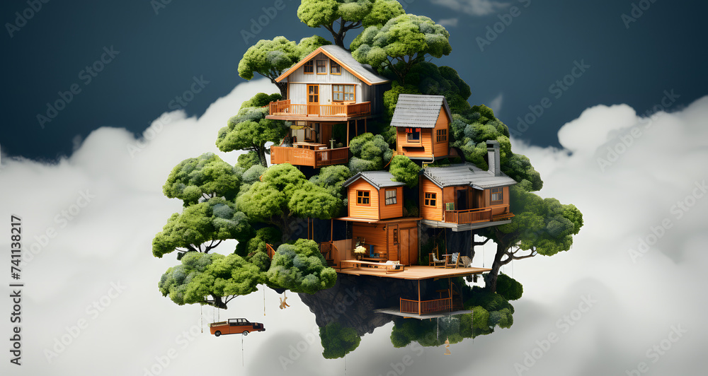 a house perched on a tree with some wooden decking on the roof