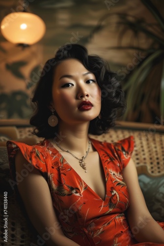 Professional Photography of an Asian Top Model in a Retro-Inspired Fashion Photoshoot, Generative AI