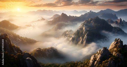 fogy mountains are shown at sunrise with trees on them #741139284