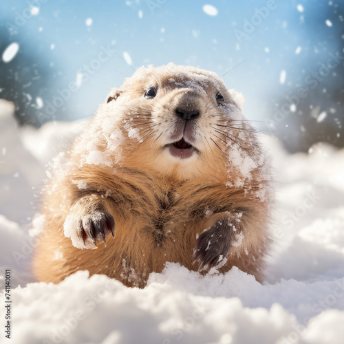 An illustration of a cute charismatic groundhog in the snow. Image made by artificial intelligence. © marcianelsis