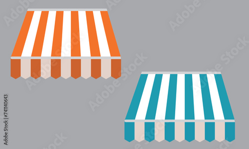  Commercial canopy awning for store. Tent with colour and stripes for market, shop with shadows on transparent background. Vector Design element. Vector illustration.