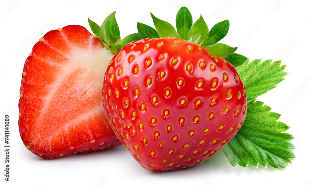 Strawberry isolated. Strawberries whole and half on white background. Side view strawberry with leaf. Perfect retouched. Full depth of field. Strawberry isolated. Strawberries whole and half on white background. Side view strawberry with leaf. Perfect retouched. Full depth of field.