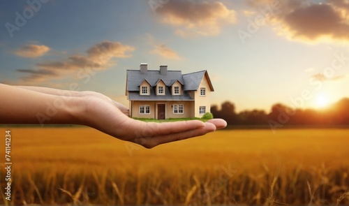 Concept of buying or building new home. Humen hand showing, offering a new dream house at the empty field with copy space photo