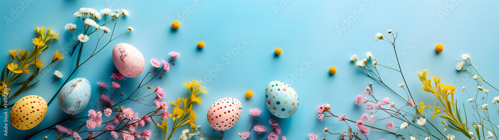 Blue Wall Adorned With Flowers and Eggs Blue Wall Adorned With Flowers and Eggs
