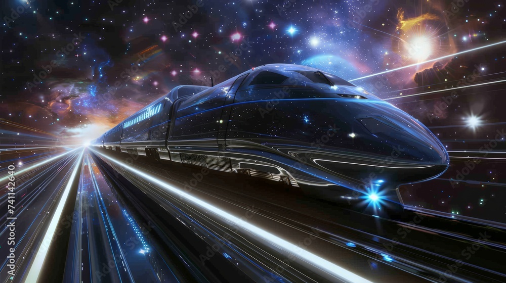 High speed train slicing through space stars streaking past a cosmic journey - obrazy, fototapety, plakaty 