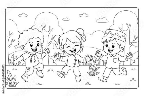 Happy Friendship Kids Cartoon Coloring Page BW (ID: 741142632)
