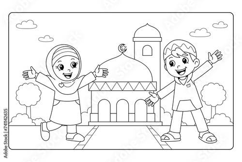 Muslim Kids Celebrating Holiday Cartoon Coloring Page BW (ID: 741142635)