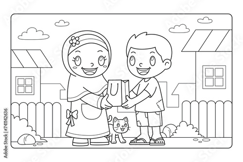 Kids Giving With Others Cartoon Coloring Page BW (ID: 741142636)
