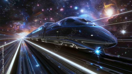 High speed train slicing through space stars streaking past a cosmic journey photo