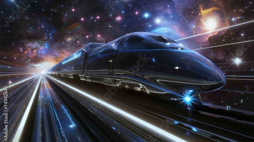 High speed train slicing through space stars streaking past a cosmic journey