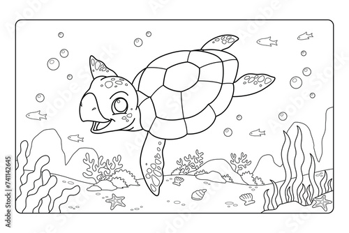 Underwater Sea Turtle Cartoon Coloring Page BW (ID: 741142645)