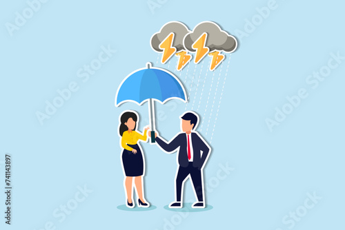 Altruistic leadership safeguarding team success, gentlemanly support, mutual respect, empathy concept, kindness businessman offer umbrella to protect woman.