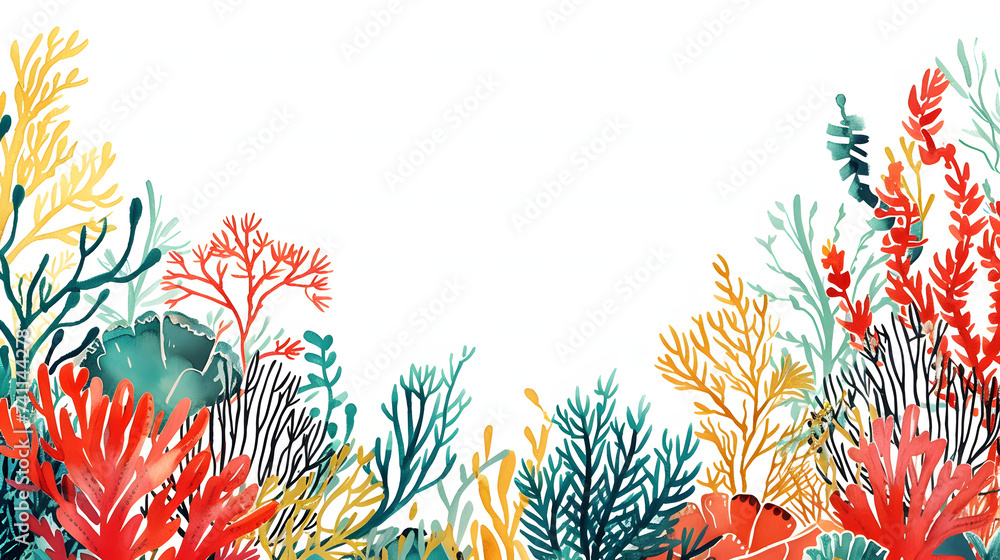 Colorful doodle coral on white background with copy space - obrazy, fototapety, plakaty 
