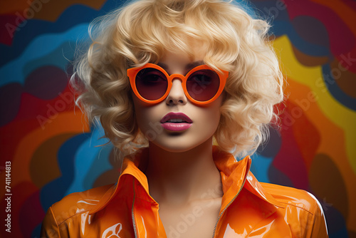 Sun-kissed glamour: A stunning fashion model with flowing blonde hair strikes a pose while sporting vibrant orange sunglasses. Her stylish makeup accentuates her beauty and confidence photo