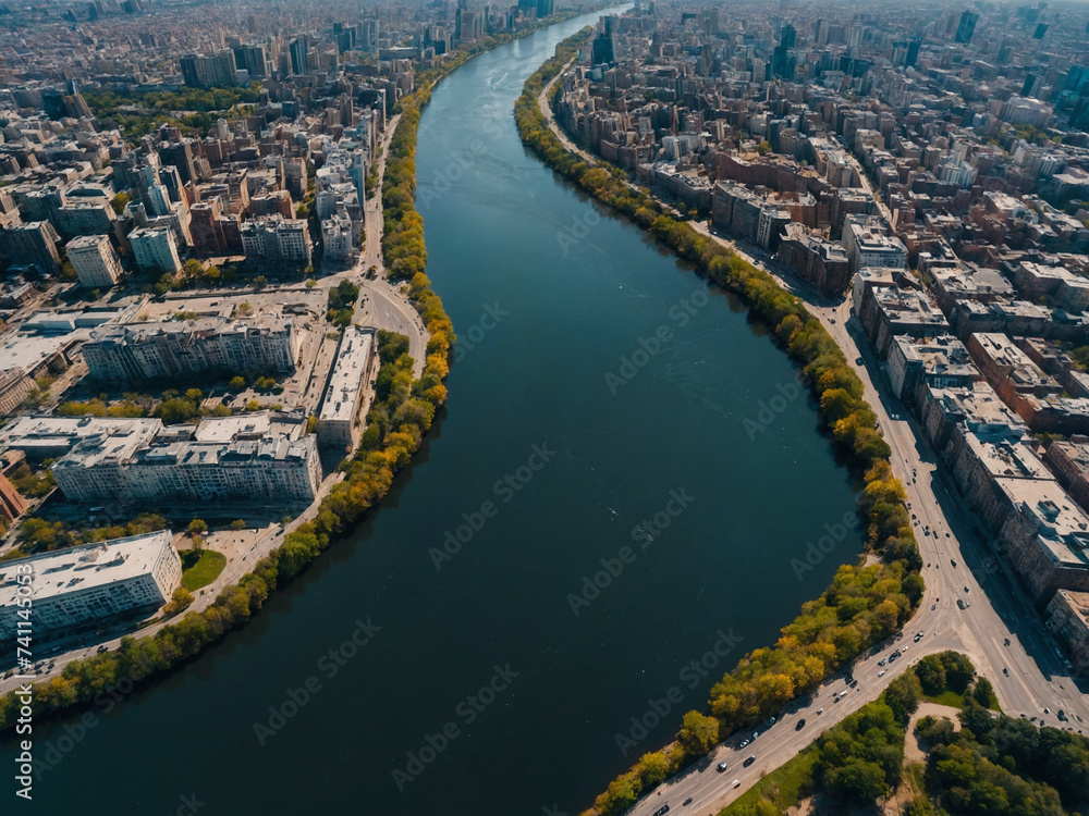 Aerial view of the river that extends in the middle of the city