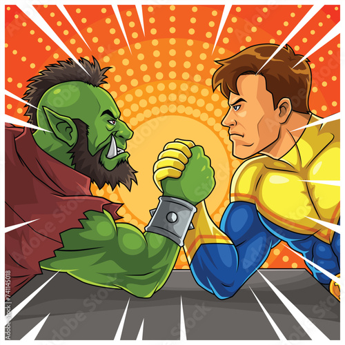 Hero VS Villain Arm Wrestling Cartoon Vector Pop Art (ID: 741145018)
