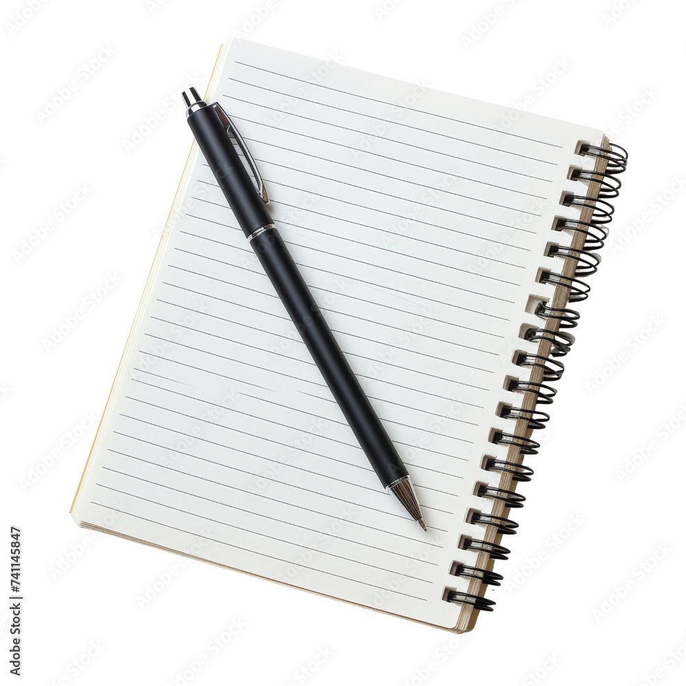 Blank Notebook and Pen: Ready for Inspiration - A classic spiral notebook lies open, a sleek black pen poised above its pristine pages isolated on transparent background, cut out, png Blank Notebook and Pen: Ready for Inspiration - A classic spiral notebook lies open, a sleek black pen poised above its pristine pages isolated on transparent background, cut out, png