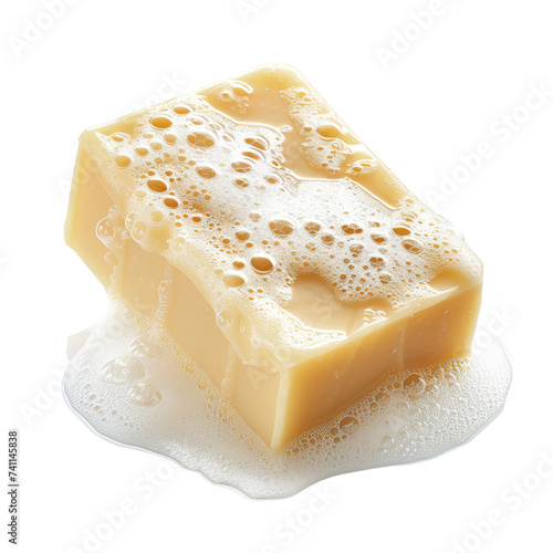 Lather Up: Golden bar of soap covered in rich, cleansing bubbles isolated on transparent background, cut out, png, mock up