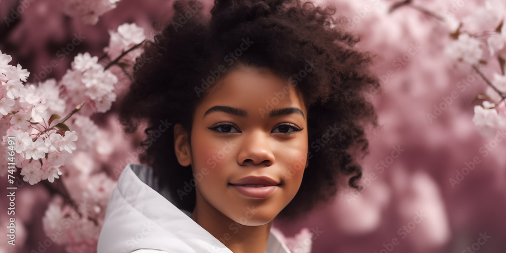Pretty young afro-american woman in a spring blooming park or garden Pretty young afro-american woman in a spring blooming park or garden