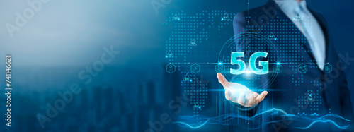 Tablou pe pânză 5G Technology: Businessman Holding 5G Network Innovation on Global Technology Network, Connectivity, Speed, and Efficiency