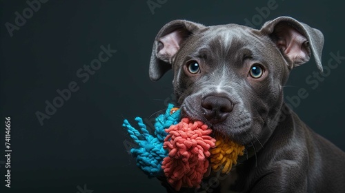 Playful Puppy Chewing on Colorful Ball photo