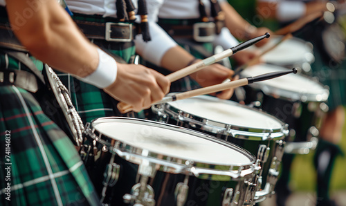 Scottish Drummers in Traditional Kilts Performing on St. Patrick's Day