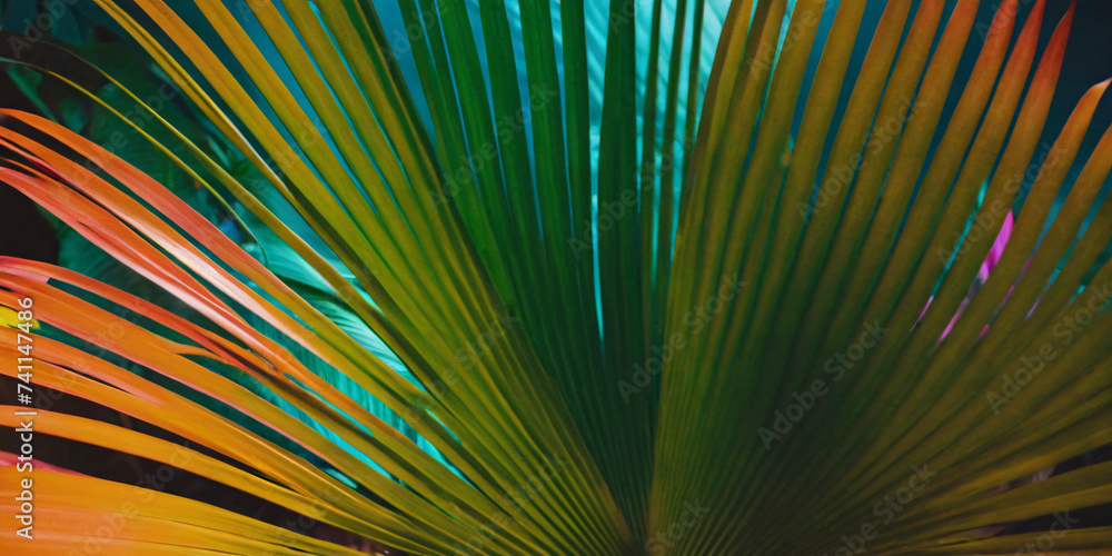 Obraz premium This captivating image captures the essence of tropical foliage bathed in the glow of neon lights. This image is a testament to the beauty of nature.