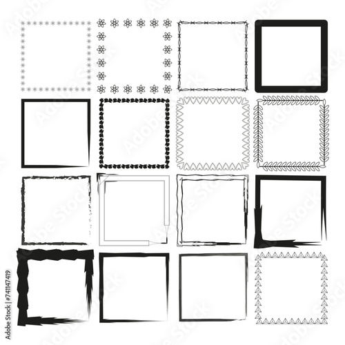 Assortment of square frames with various styles, from geometric precision to artistic brush strokes, suitable for multiple design purposes. Vector illustration. EPS 10.