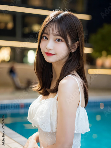 Japanese woman smiling kindly at the hotel pool. Generative AI