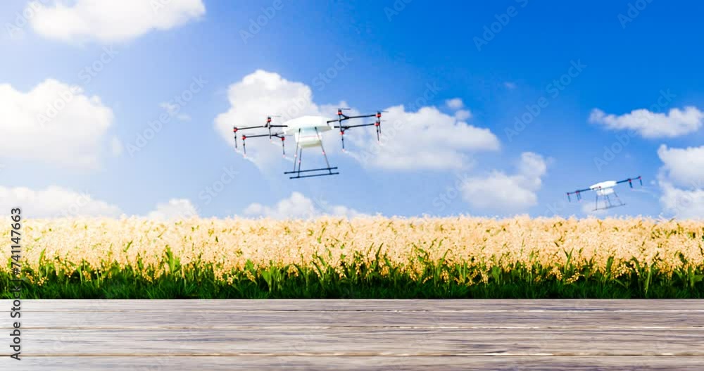 Smart Farm: Farmers use drone technology to spray fertilizer or pesticides. Rice fields or agricultural plots use drones to reduce costs and be safe against chemicals. 3D Rendering Smart Farm: Farmers use drone technology to spray fertilizer or pesticides. Rice fields or agricultural plots use drones to reduce costs and be safe against chemicals. 3D Rendering