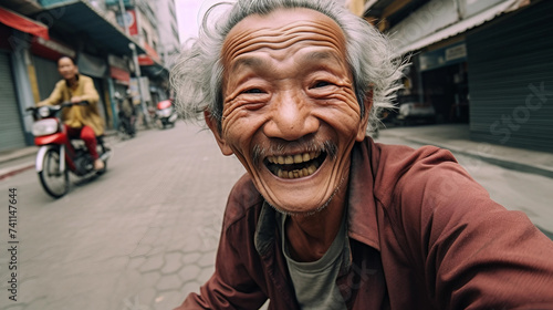 Selfie picture of a poor old man smiling 
