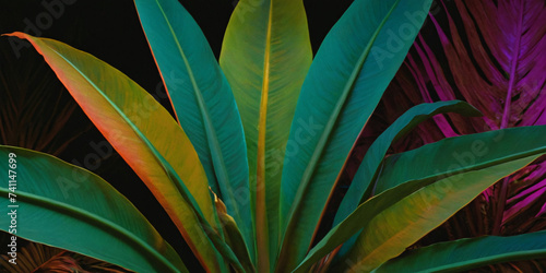 This captivating image captures the essence of tropical foliage bathed in the glow of neon lights. This image is a testament to the beauty of nature.
