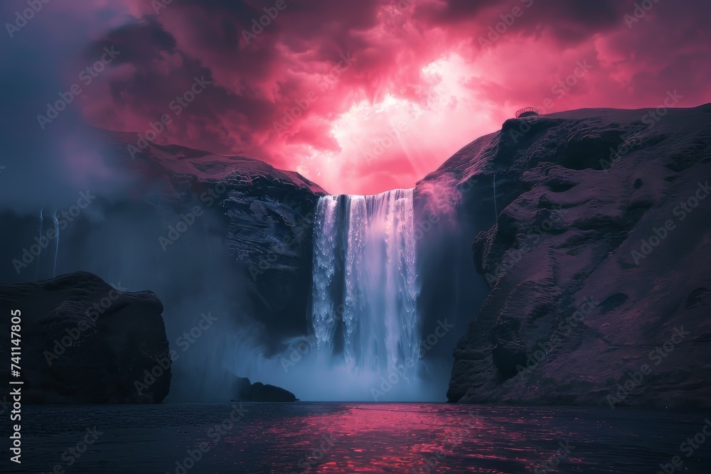 Majestic Waterfall Under a Dramatic Stormy Sky, a Mysterious, Beautiful and Powerful Landscape Nature Image in a Painted Style. Generative AI.
 - obrazy, fototapety, plakaty 