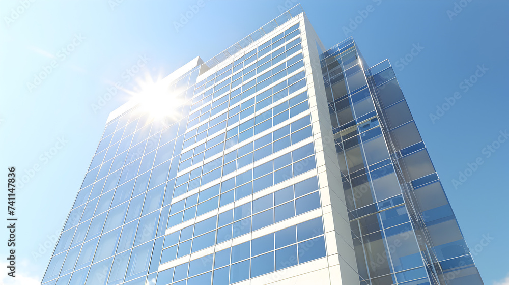 Modern office building facade reflecting sunlight against a clear blue sky