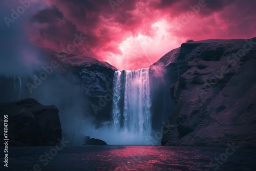 Majestic Waterfall Under a Dramatic Stormy Sky  a Mysterious  Beautiful and Powerful Landscape Nature Image in a Painted Style. Generative AI. 
