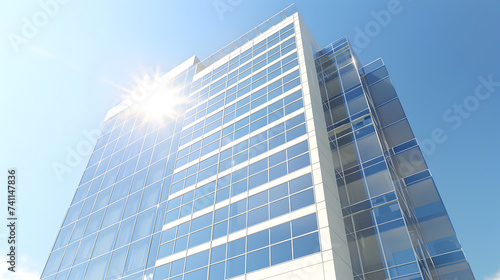 Modern office building facade reflecting sunlight against a clear blue sky