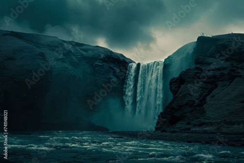 Majestic Waterfall Under a Dramatic Stormy Sky, a Mysterious, Beautiful and Powerful Landscape Nature Image in a Painted Style. Generative AI. 