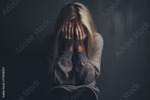 The concept of depression, featuring a young girl in a state of despair, hiding her face with her hands, dark background