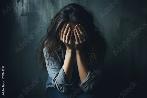 The concept of depression, featuring a young girl in a state of despair, hiding her face with her hands, dark background
