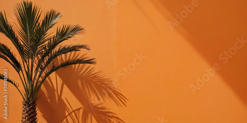 An indoor palm tree stands elegantly against a vibrant orange wall  creating a striking contrast. The image exudes a sense of tropical serenity and modern interior design.