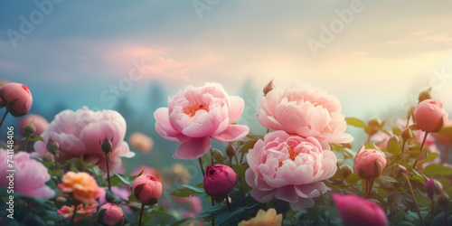 Colorfful Peony-shaped Roses blooming in summer garden. Peony-shaped Rose Flowers. Beautiful floral background for greeting card for Birthday, Mother's day, Woman's day, 8 march, Wedding photo