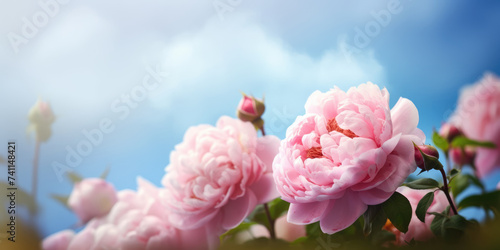 Pink Peony flowers blooming in the garden. Beautiful floral background for greeting card for Birthday, Mother's day, Woman's day, 8 march, Wedding