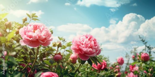 Pink Peony-shaped Roses blooming in the garden. Peony-shaped Rose Flowers. Beautiful floral background for greeting card for Birthday  Mother s day  Woman s day  8 march  Wedding