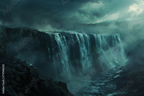 Majestic Waterfall Under a Dramatic Stormy Sky  a Mysterious  Beautiful and Powerful Landscape Nature Image in a Painted Style. Generative AI. 