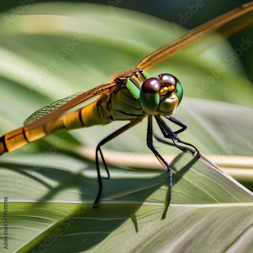 A close-up of a dragonfly resting on a blade of grass1 photo
