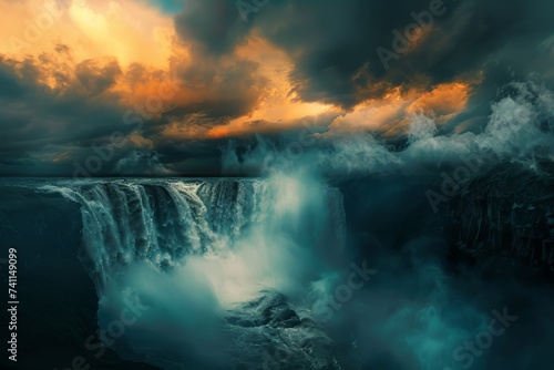 Majestic Waterfall Under a Dramatic Stormy Sky, a Mysterious, Beautiful and Powerful Landscape Nature Image in a Painted Style. Generative AI. 