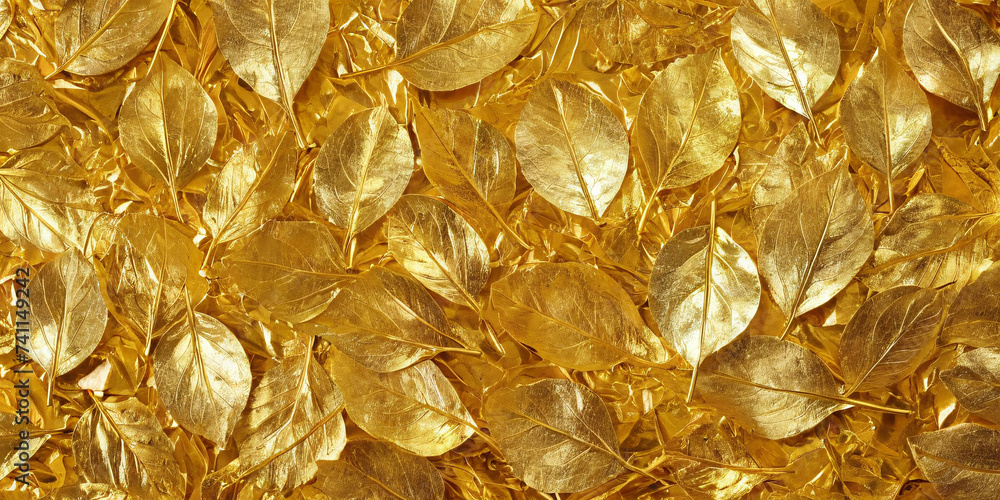 A luxurious display of a gold leaf pattern against a glamorous background. The intricate details of the leaves and the radiant gold color create a sense of opulence and elegance.