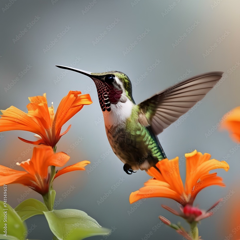 Fototapeta premium A close-up of a hummingbird feeding from a bright orange flower5